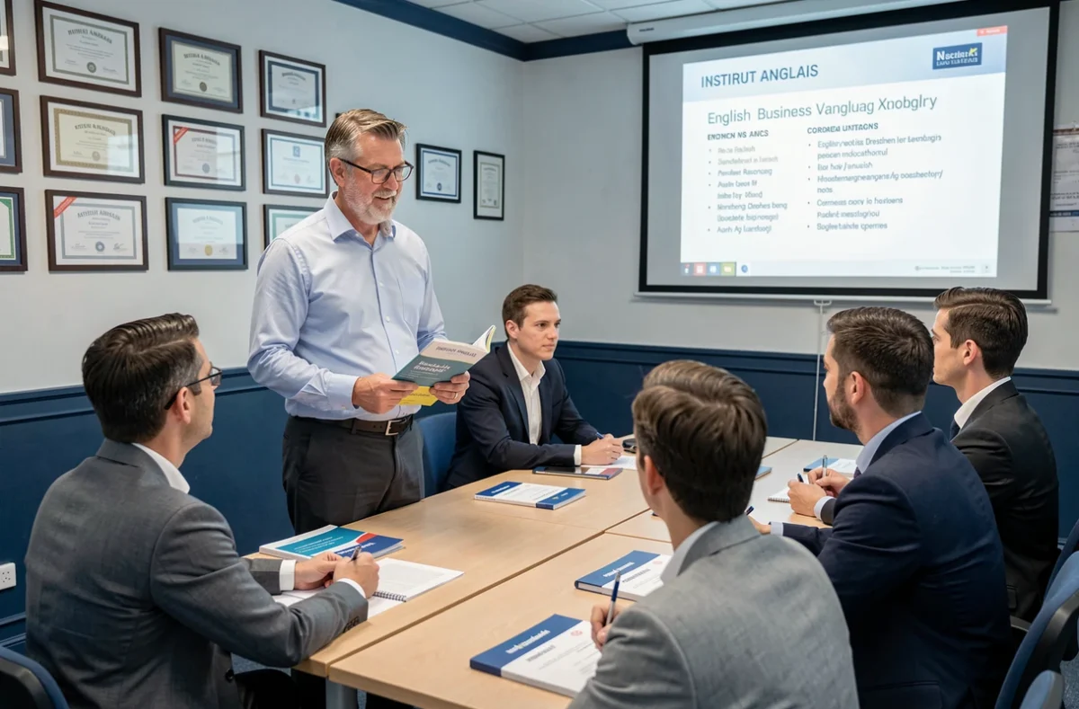 Enseignant de l'Institut Anglais dispensant un cours d'anglais des affaires à des professionnels