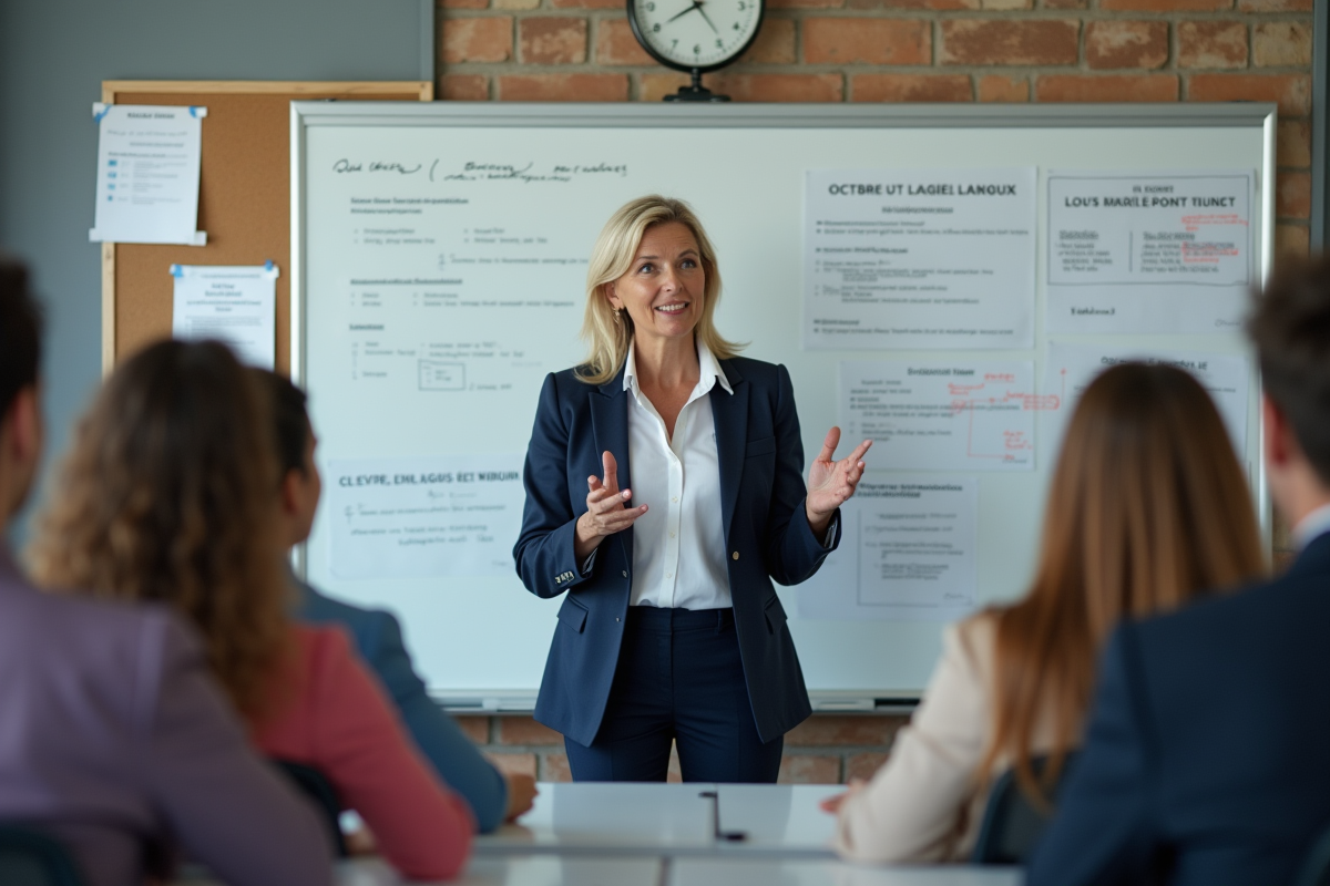 Instructrice expliquant le droit devant un tableau blanc