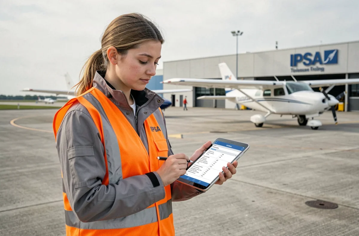 Étudiante en ingénierie aéronautique de l'IPSA Toulouse consultant une tablette sur le tarmac d'un aérodrome d'entraînement
