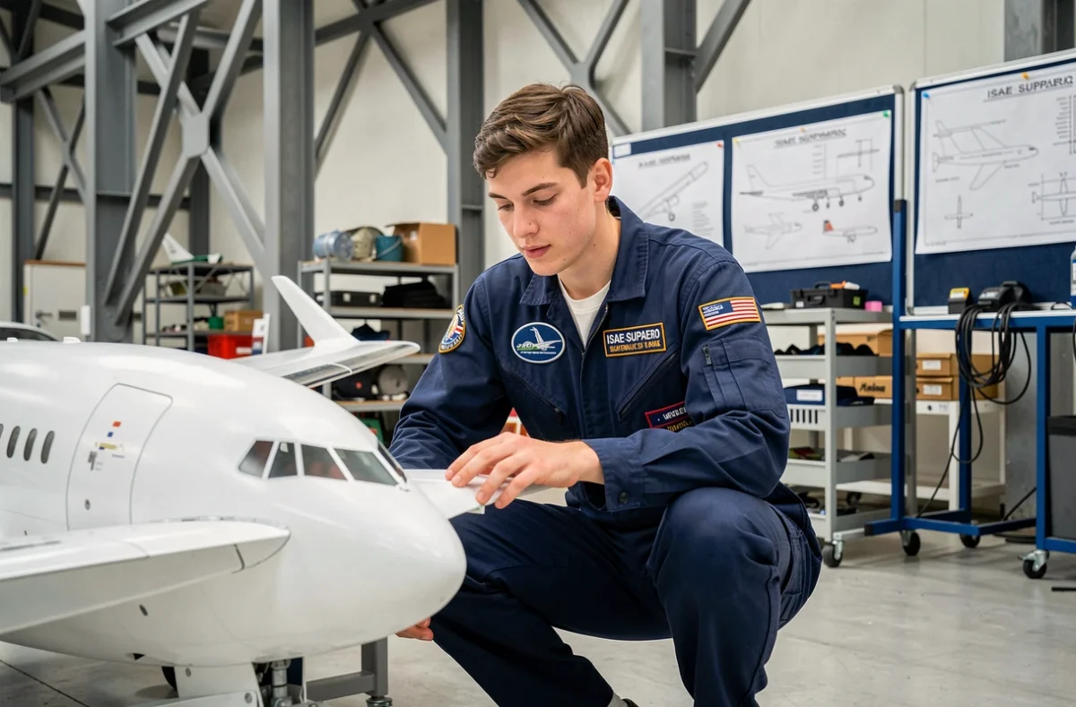 Étudiant en combinaison de vol examinant une maquette d'avion dans un hangar de recherche aéronautique de l'ISAE-SUPAERO