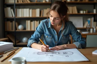 Jeune femme dessinant un plan architectural dans son atelier
