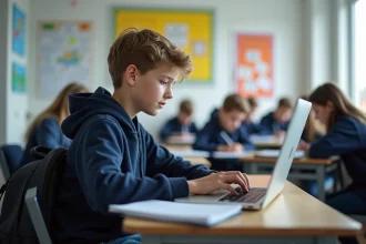 Collège français garçon concentré sur son ordinateur en classe