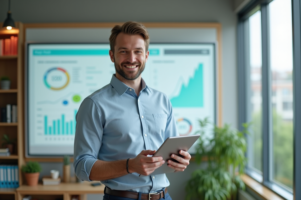 Jeune enseignant montre une application sur tablette