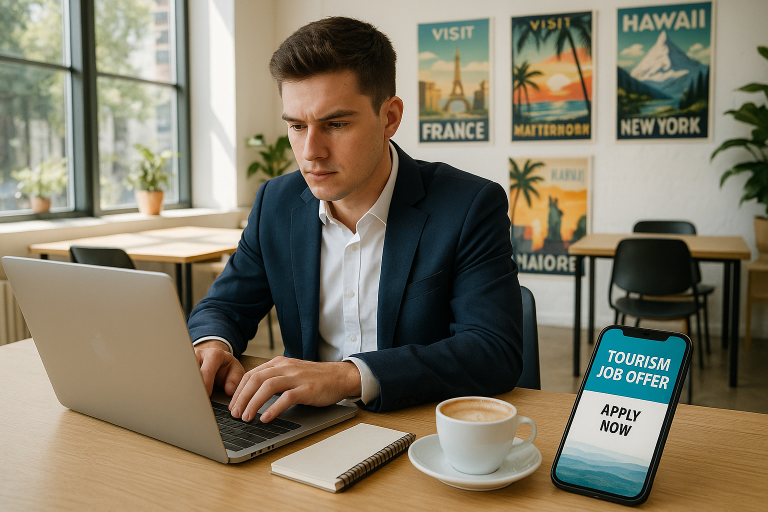 Étudiant en business travaillant sur un ordinateur dans un espace de coworking lumineux