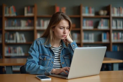 Jeune femme concentrée devant son ordinateur en bibliothèque