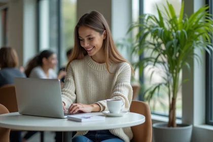 Jeune femme souriante utilisant un ordinateur dans un camcafe lumineux
