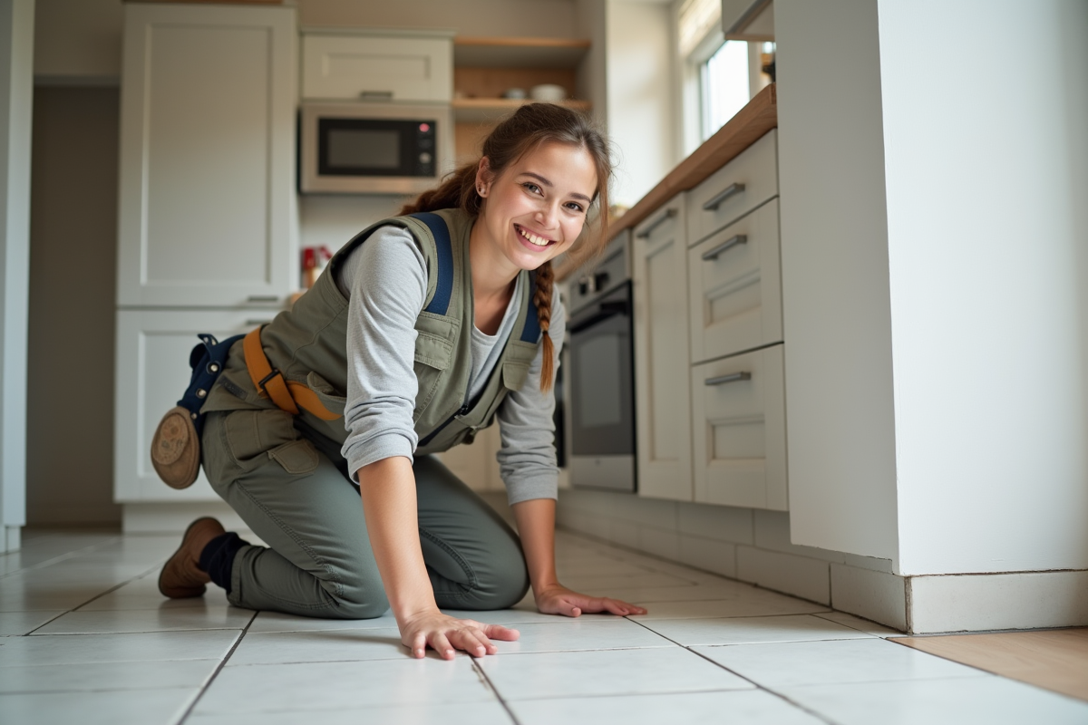 Jeune femme pose du carrelage dans une cuisine rénovée