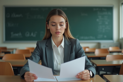 Jeune femme en blazer examine deux certificats en classe