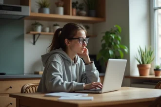 Jeune femme regarde un cours de photographie en ligne à la maison
