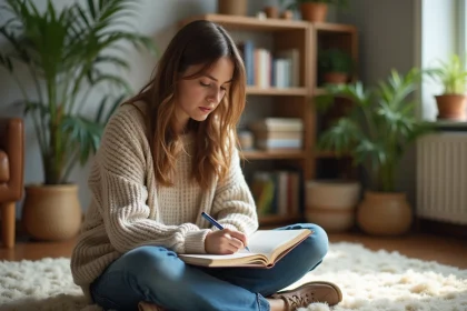 Jeune femme écrivant dans un salon lumineux et chaleureux