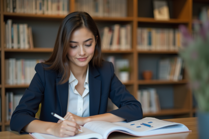 Jeune femme en blazer bleu étudiant en bibliothèque
