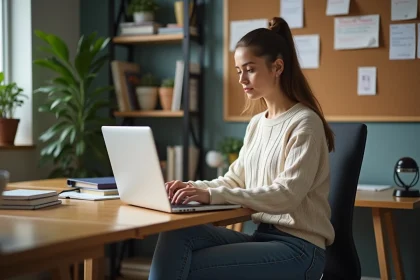 Jeune femme concentrée sur son ordinateur dans son appartement étudiant
