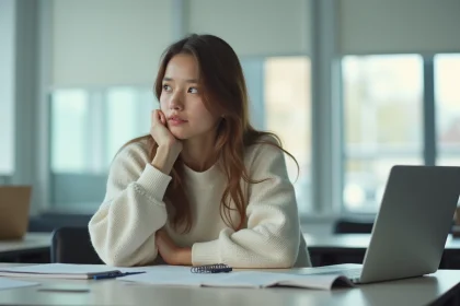 Jeune femme assise à un bureau avec ordinateur et cahiers