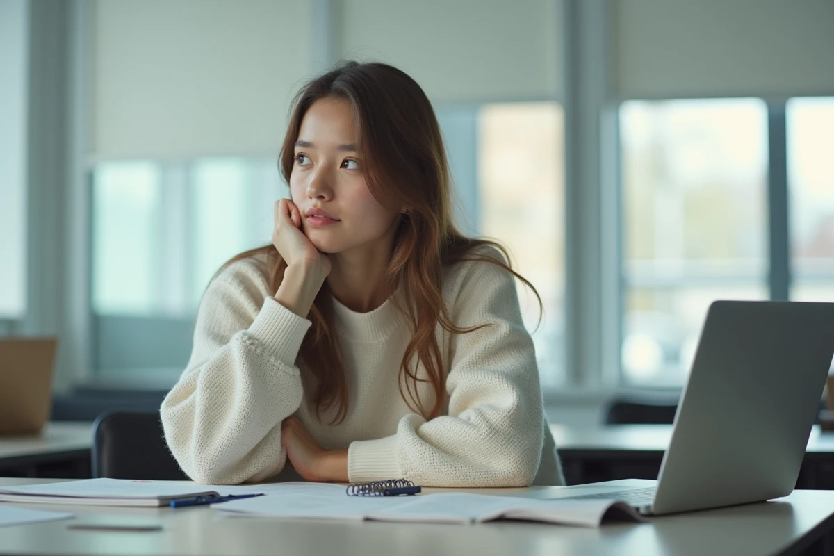 Jeune femme assise à un bureau avec ordinateur et cahiers
