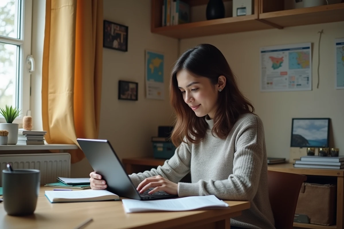 Jeune femme concentrée utilisant une tablette dans sa chambre d