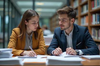 Jeune femme et homme en étude avec documents RS et RNCP