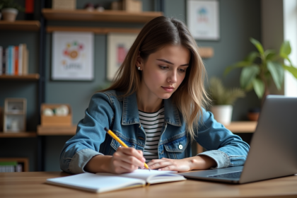 Jeune femme en étude dans un bureau cosy avec ordinateur