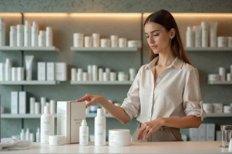 Jeune femme derrière le comptoir d'une parapharmacie moderne