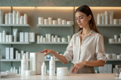 Jeune femme derrière le comptoir d'une parapharmacie moderne