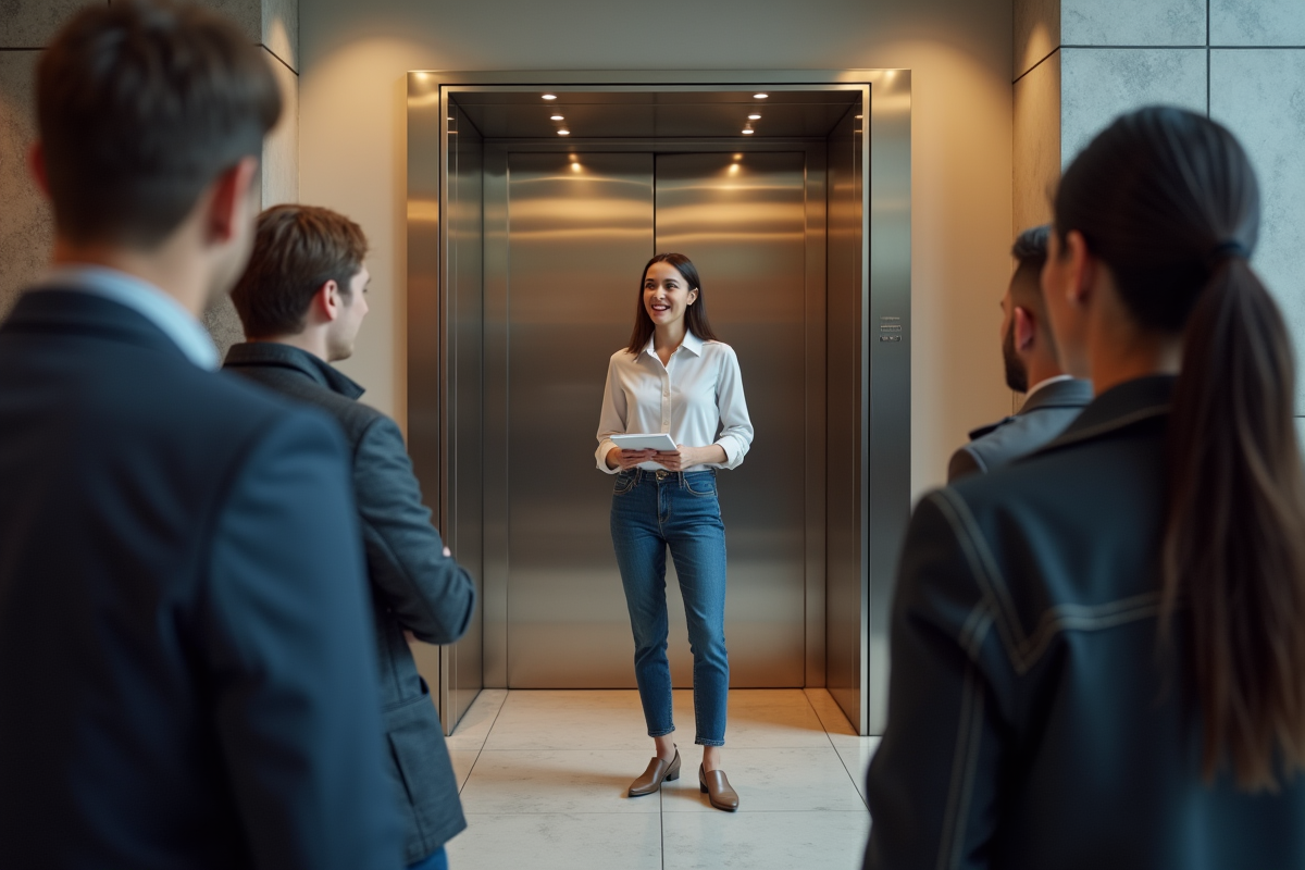 Jeune femme confiante présentant un pitch dans un hall d office