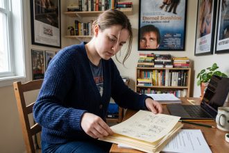 Jeune femme en cardigan organise un portfolio dans sa chambre