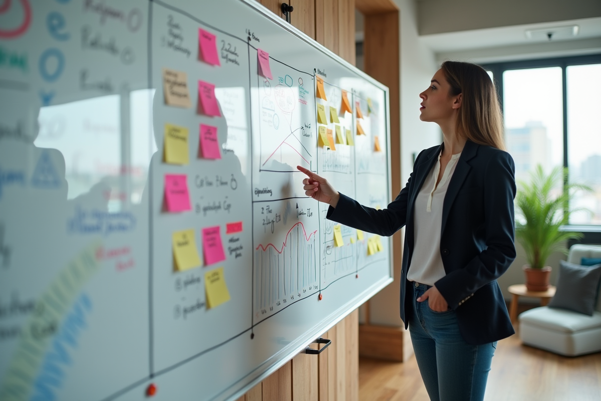 Jeune femme expliquant un projet devant un tableau blanc