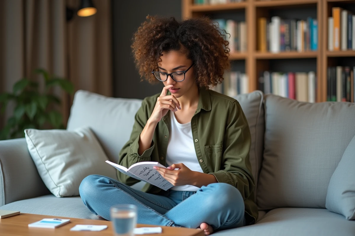 Jeune femme révisant les questions du test de naturalisation sur son canapé avec un carnet de notes