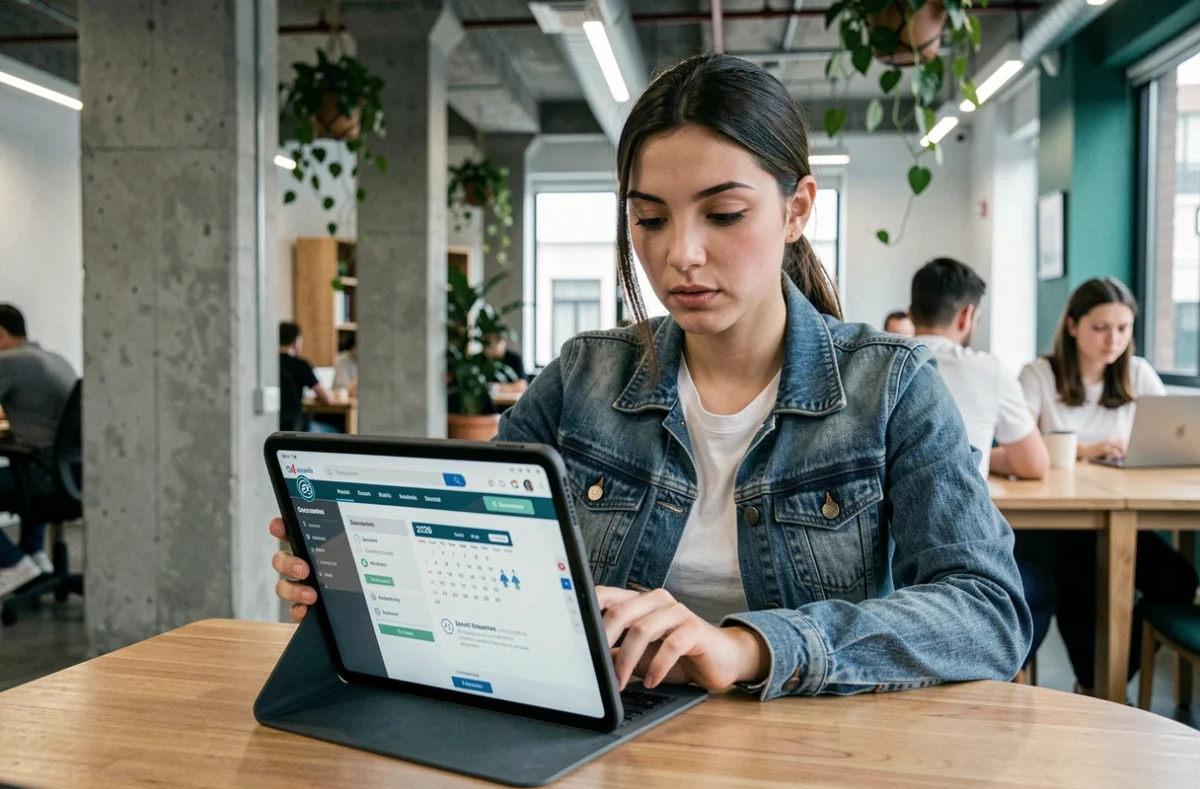 Jeune femme utilisant une tablette pour créer un espace inscrit sur un site officiel dans un espace de coworking