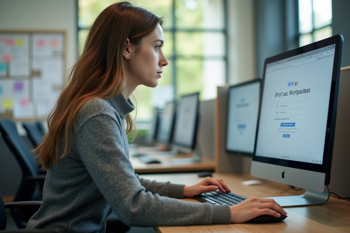 Jeune femme concentrée utilisant un ordinateur dans un bureau universitaire