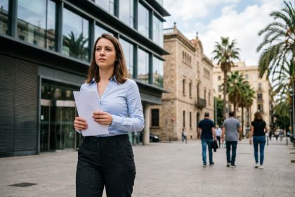 Jeune femme avec résumé devant un bâtiment moderne à Perpignan
