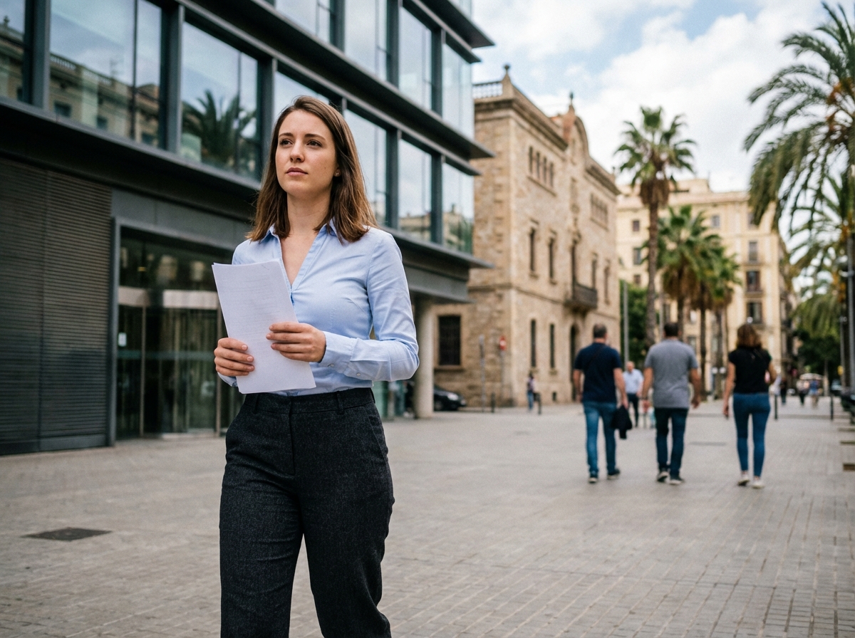 Jeune femme avec résumé devant un bâtiment moderne à Perpignan