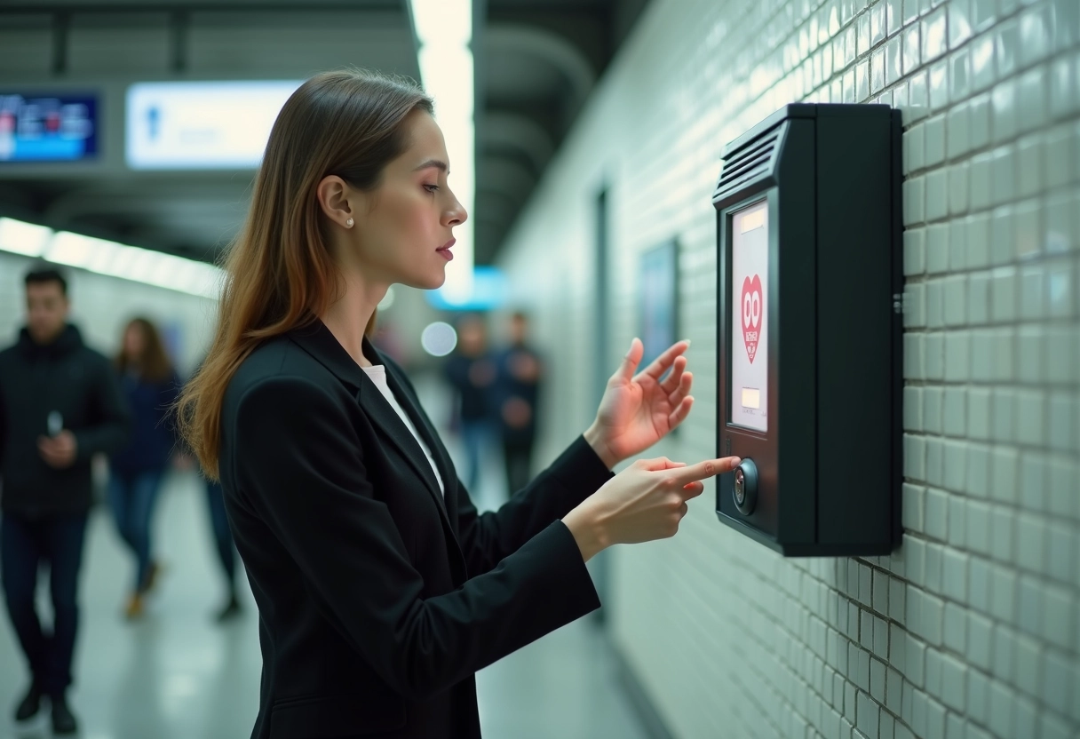 Jeune femme inspectant un défibrillateur AED dans une station urbaine