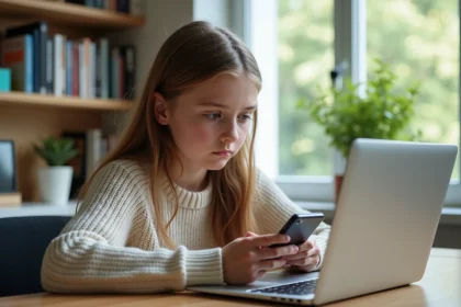 Jeune fille avec ordinateur portable dans un bureau moderne