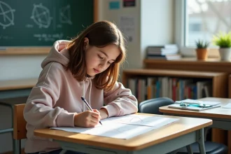 Jeune fille en classe dessinant une courbe mathématique