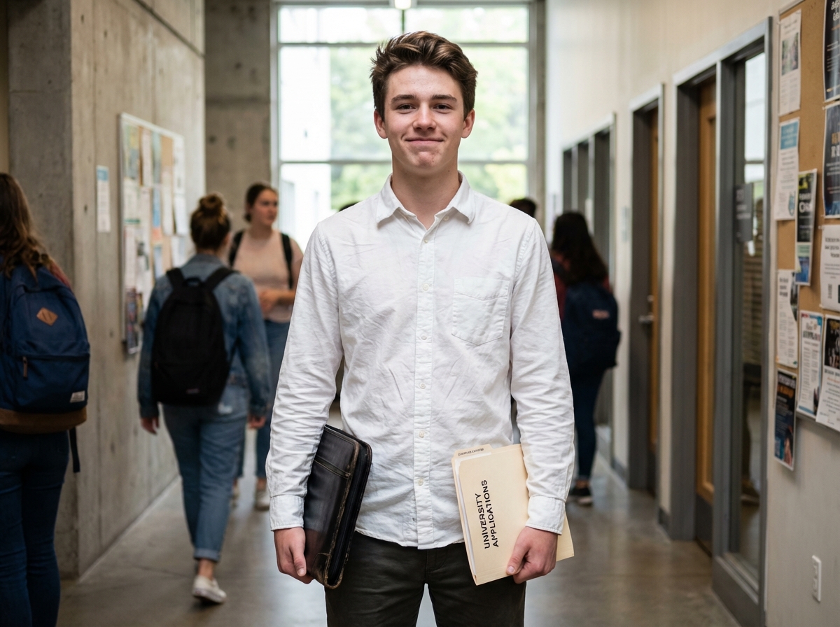 Jeune homme confiant dans un couloir universitaire moderne