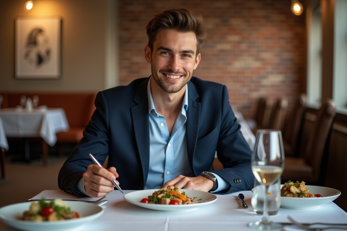 Jeune homme dégustant un plat dans un restaurant élégant