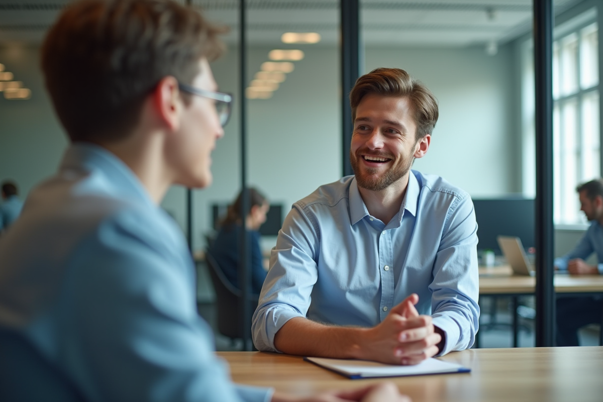 Jeune homme discutant avec un superviseur dans un bureau moderne
