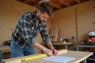 Jeune homme frustré mesurant une planche en bois dans un atelier