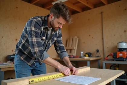 Jeune homme frustré mesurant une planche en bois dans un atelier