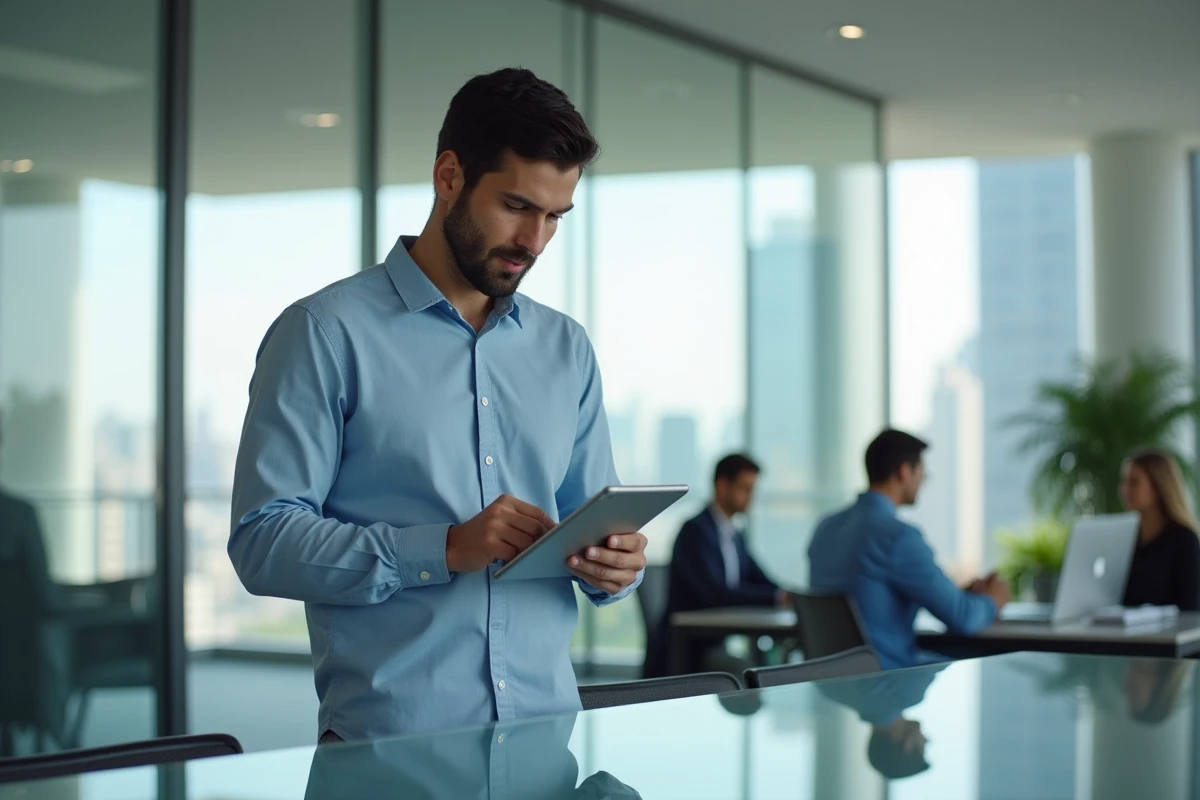 Jeune homme mettant à jour son CV sur une tablette dans un bureau