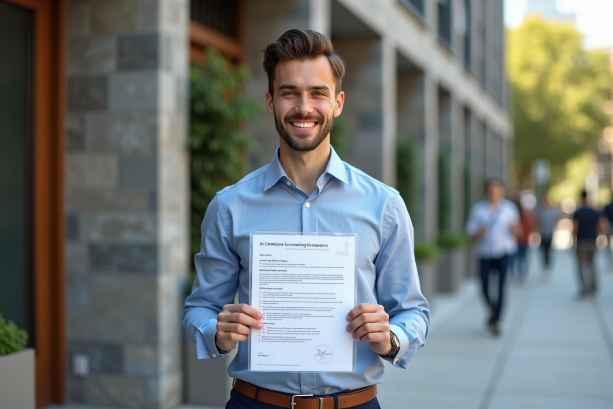 Jeune homme souriant avec son résultat d orientation en extérieur
