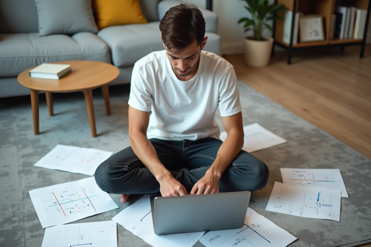 Jeune homme révisant l'inversion de matrice 2x2 avec un ordinateur portable et des notes manuscrites sur le sol de son appartement