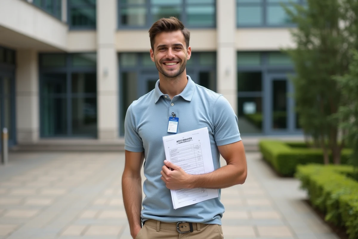 Jeune homme souriant devant l université avec formulaire CVEC