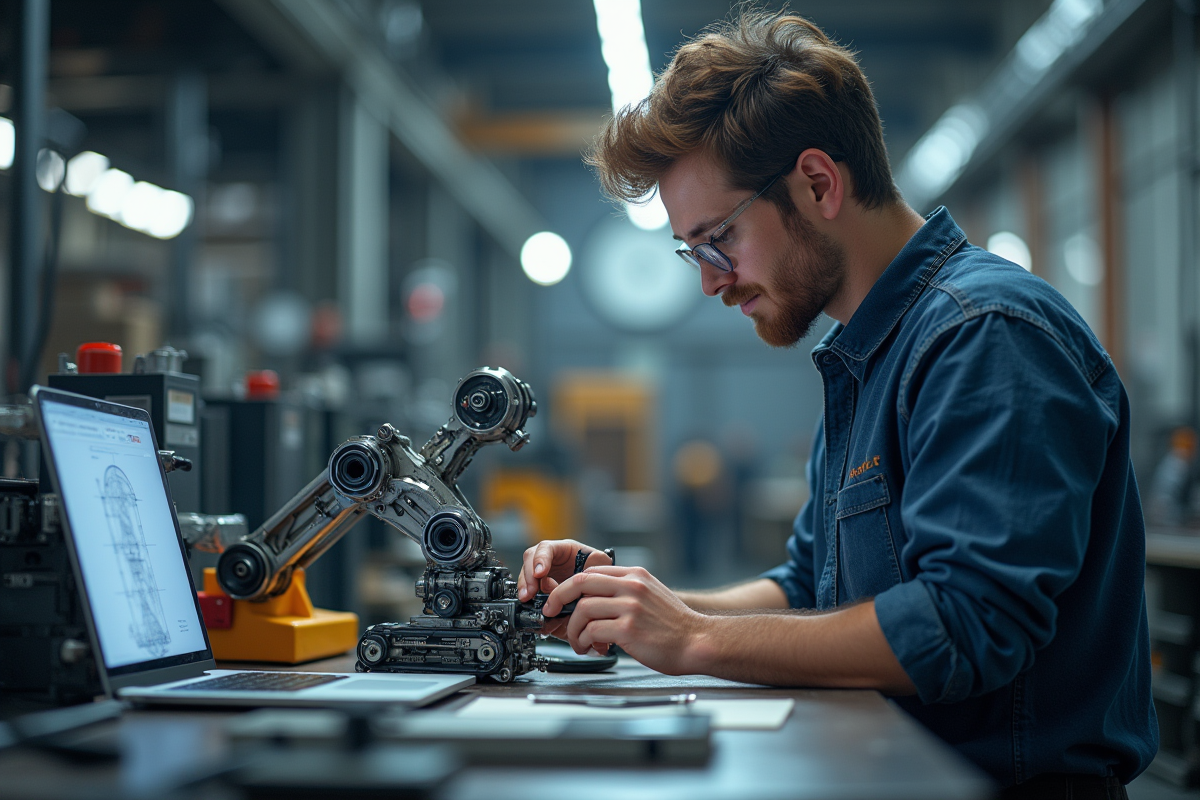 Jeune ingénieur assemblant un prototype industriel