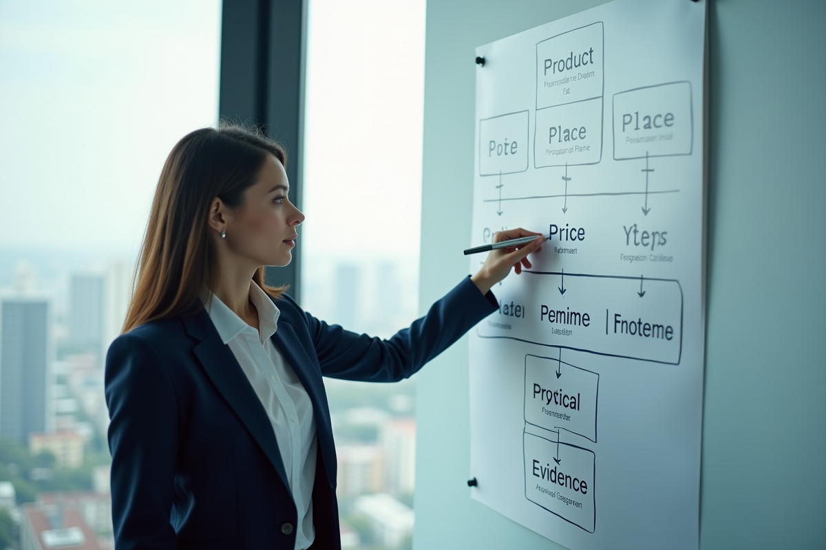 Jeune femme marketing pointant un flowchart des 7Ps