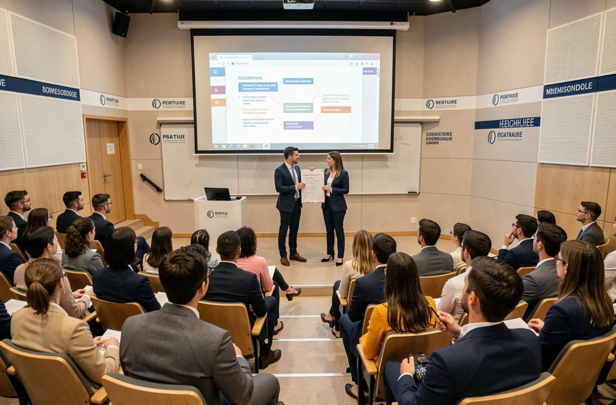Étudiants en alternance présentant un projet à Kedge Business School campus Marseille