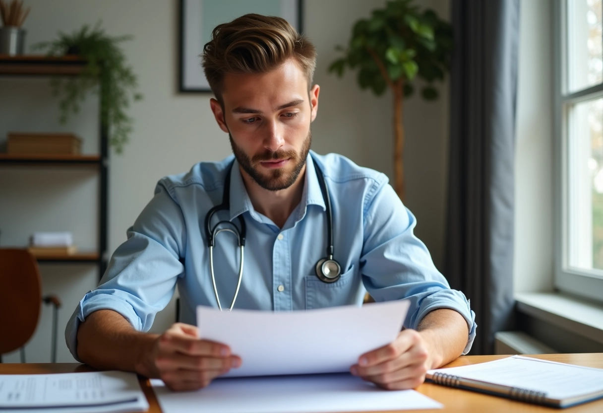 Kinésithérapeute homme préparant des factures dans son bureau