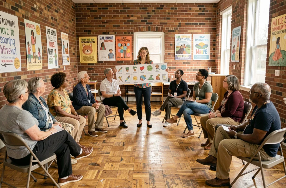 Animatrice de la Ligue de l'enseignement du Pas-de-Calais facilitant un atelier participatif avec un groupe d'adultes dans une salle associative