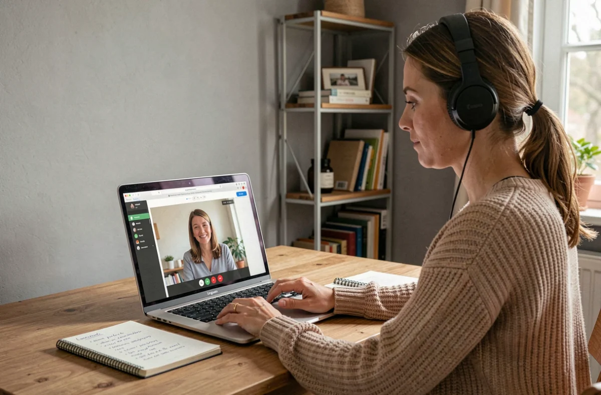 Femme suivant un cours d'anglais en ligne sur la plateforme Lingueo depuis son domicile