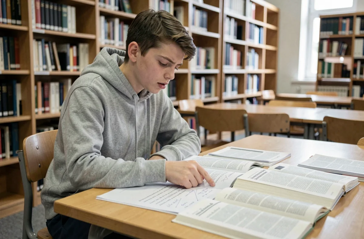 Lycéen en bibliothèque étudiant la méthode du commentaire composé entouré de manuels scolaires